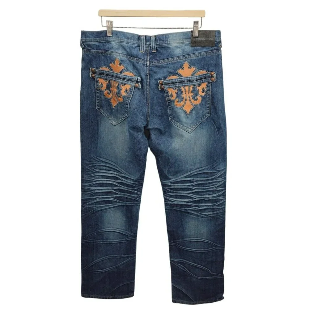 Raw Blue Premium Jeans Men's 38 Blue Embroidered Pockets‎ Hip Hop Y2K Dark Wash